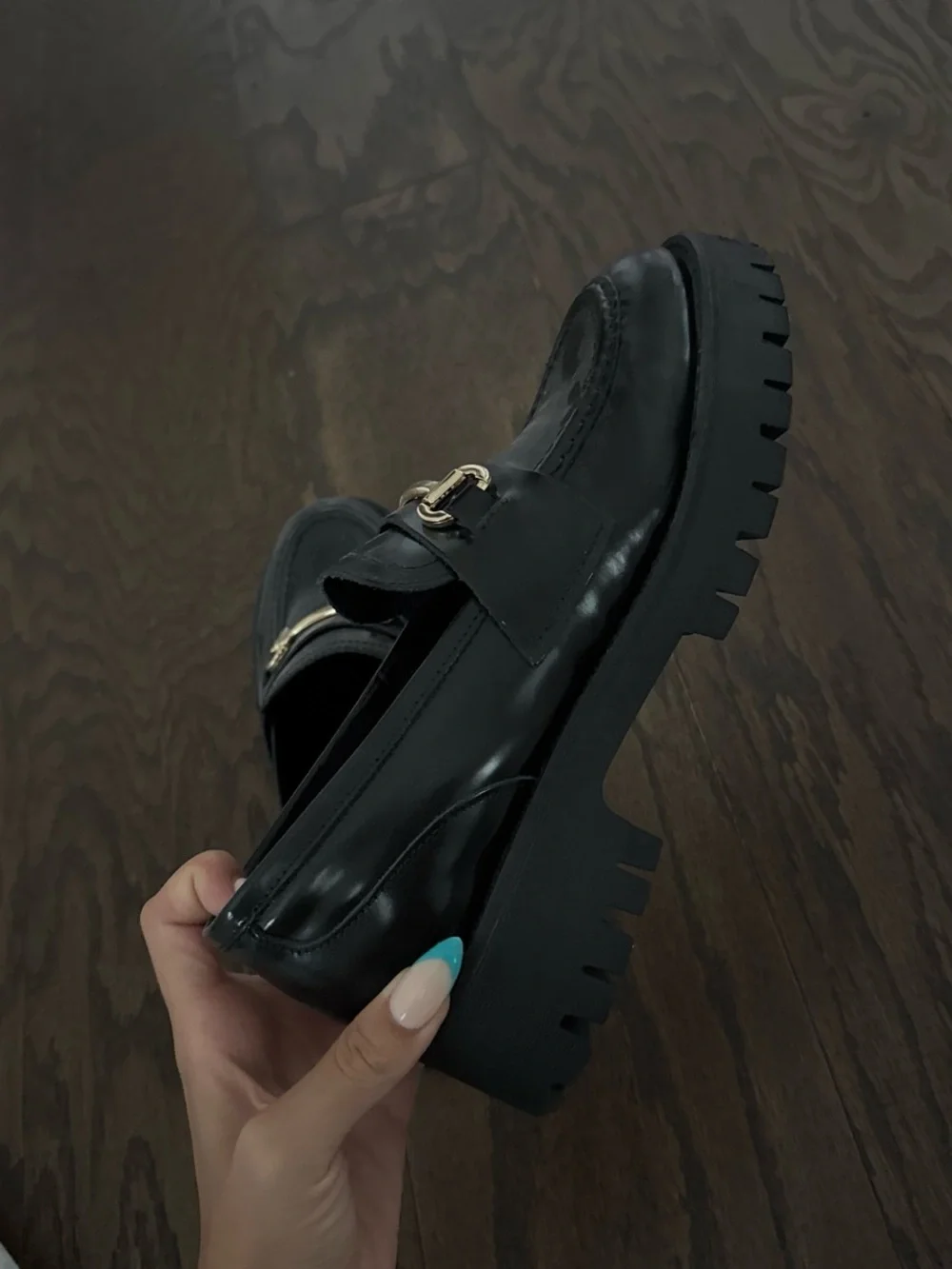 Steve Madden Black Leather Loafers with Gold Hardware